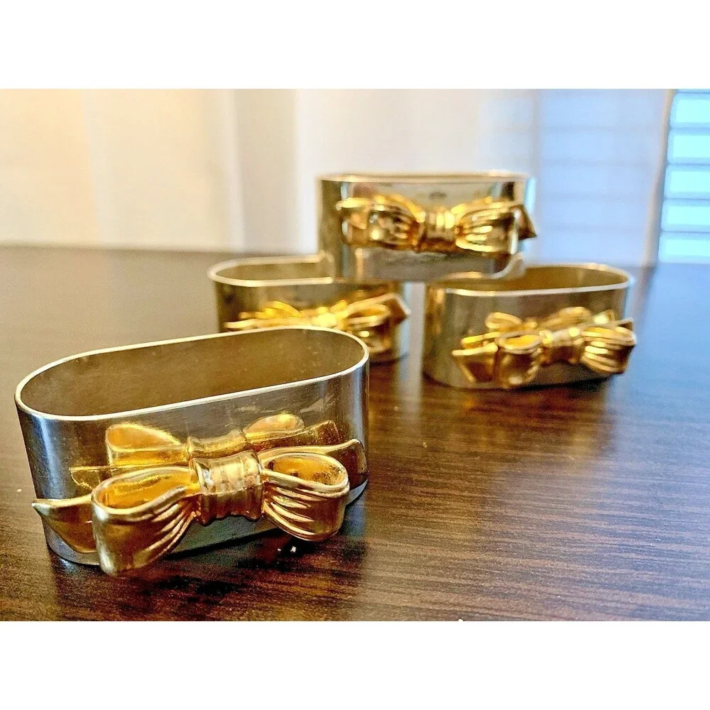 Vintage Regal Quality Silver Plated Napkin Rings Gold Bow Set of 4 Hong Kong